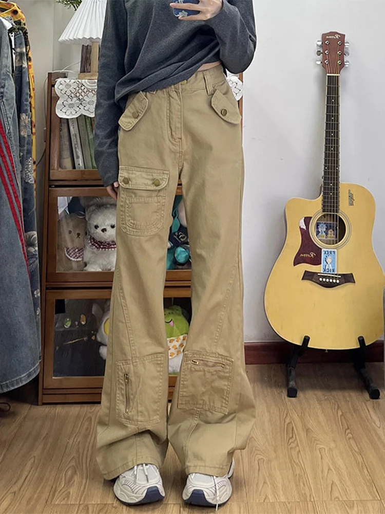 Бежевые брюки-клеш брюки-карго повседневные корейские модные дизайнерские брюки