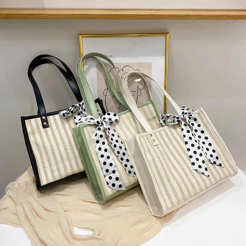 

Женская тканая сумка-тоут в полоску, Повседневная плетеная Сумка через плечо в стиле ретро, для путешествий