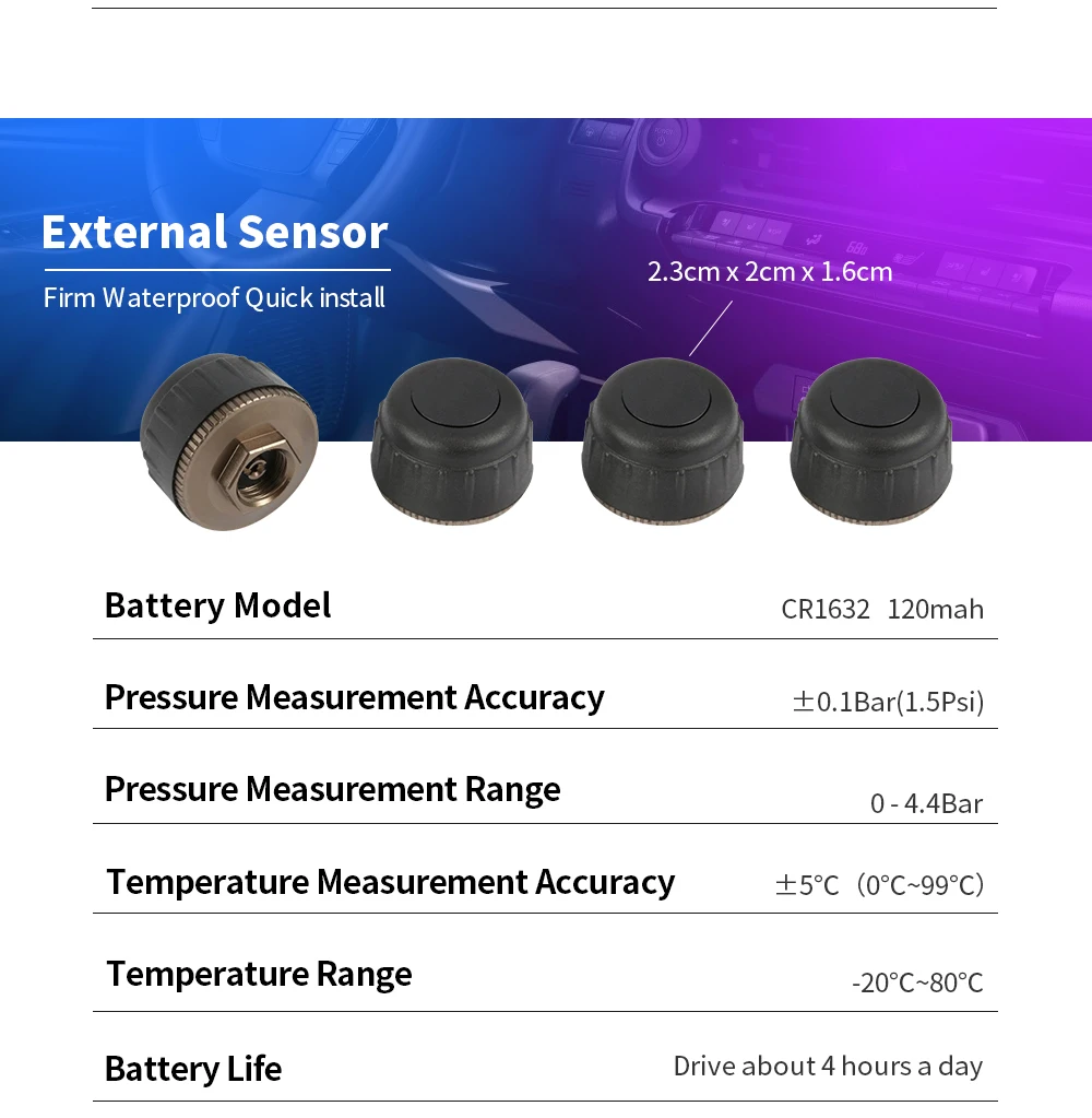 Фото Умная система контроля давления в автомобильных шинах TPMS, 4 датчика, дисплей предупреждения о температуре, солнечный интеллектуальный датчик в шинах №5