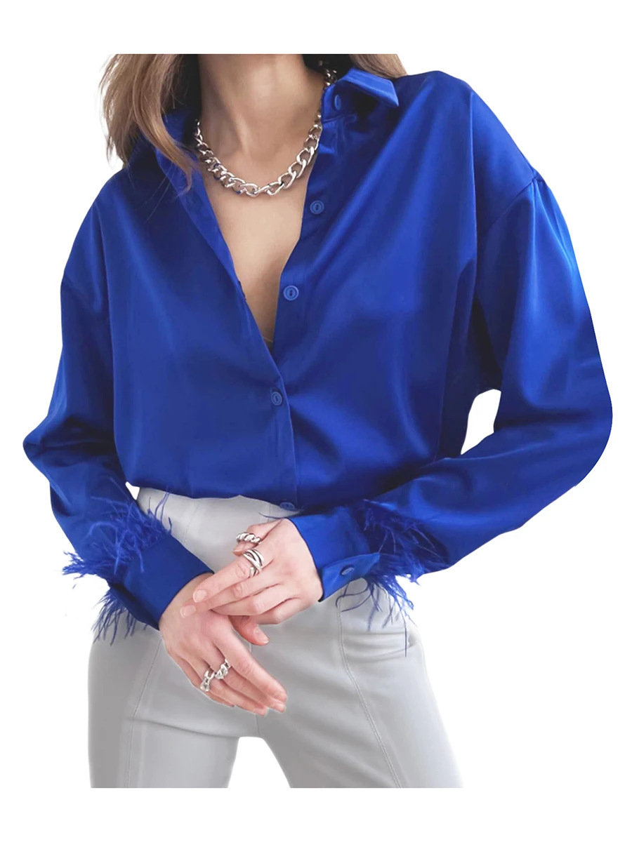 

Women s Blouse Feather Embellishment Long Sleeve Lapel Design Button Closure Loose Fit Casual Shirt Tops