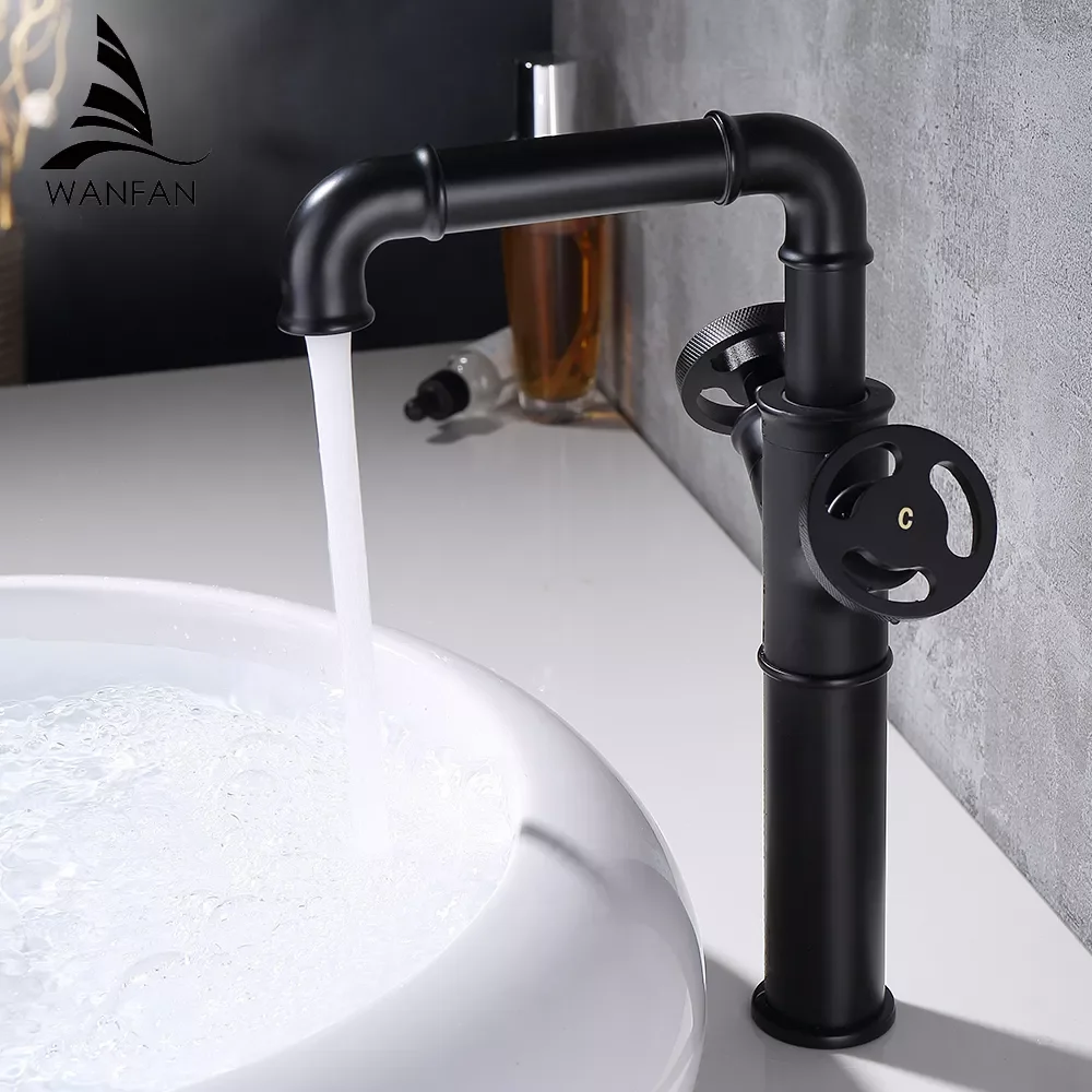 

Basin Faucets Retro Industrial Style Matte Black Brass Water Mixer Tap Bathroom Faucet Hot and Cold Dual Handles WF-20A25R