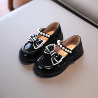 princess leather shoes 2022 spring new chic with bow pearls baby girls soft children fashion shallow mary janes korean for dress