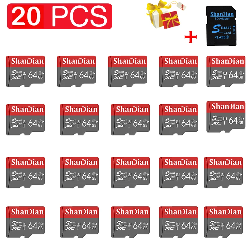 

SHANDIAN 20 шт. SD TF карта памяти 128 гб 32 гб смарт-карта Sky 64 гб высокоскоростной класс 10 для камеры смартфона бесплатный адаптер подарок