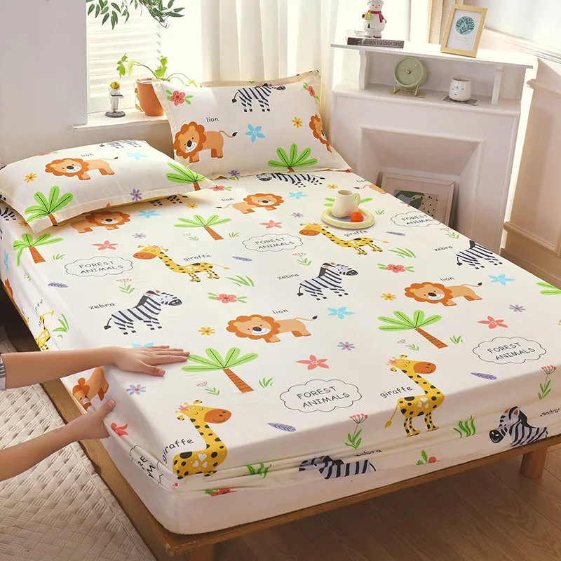 

New 100% Cotton Cartoon Fitted Bed Sheet Non-Slip Pure Cotton Mattress Cover for Single Double King Queen Bed Home Decoration