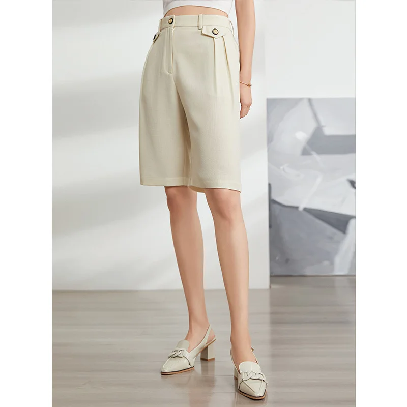 

2022 spring New Artificial Linen Acetate Five-Point Suit Pants Women's Pants High Waist Straight Pants Casual Pants Black