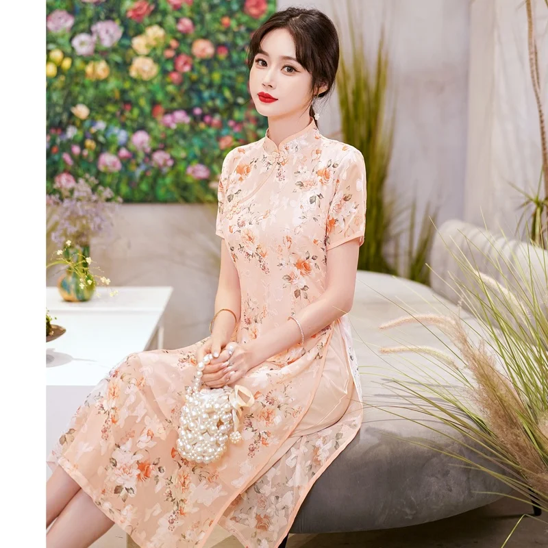 Traditional Chinese Clothing Summer Short Sleeve Qipao Fashion Modern Trend Ethnic Cheongsam Dress for Women