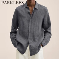 parklees classic grey linen cotton shirt autumn retro long sleeve turn collar shirt high quality casual lapel beach shirt camisa