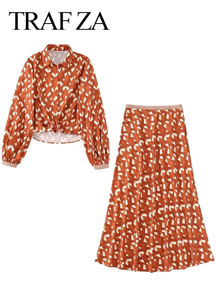 

TRAF ZA Printed Shirt Lapel Long Puff Sleeve Cardigan Chic Blouse Tops + Zipper Dark Orange A-line Retro Long Skirt 2 Piece