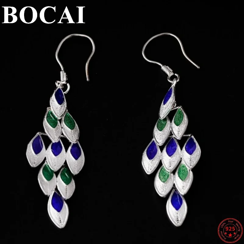 

BOCAI S999 Sterling Silver Earrings for Women Cloisonne Peacock Feather National Style Brushed Wings Ear-drop Jewelry