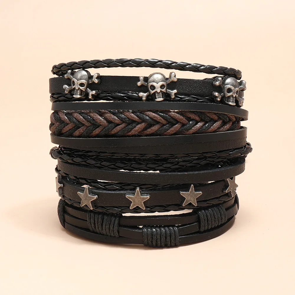 

Retro Woven Multilayer Bone Star Leather Men's Bracelet DIy5 Piece Set Combination Halloween Jewelry Accessories Boyfriend Gift