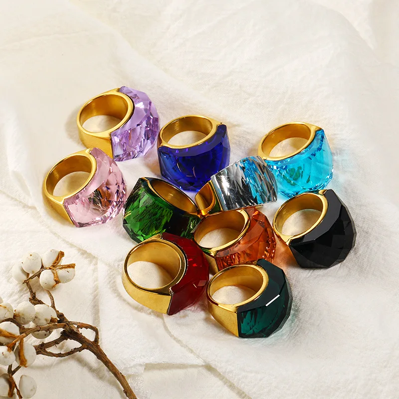 

Fashion Colourful Big Stone Rings For Women Gold Color Stainless Steel Mujer Anillos Wedding Bands Party Jewelry
