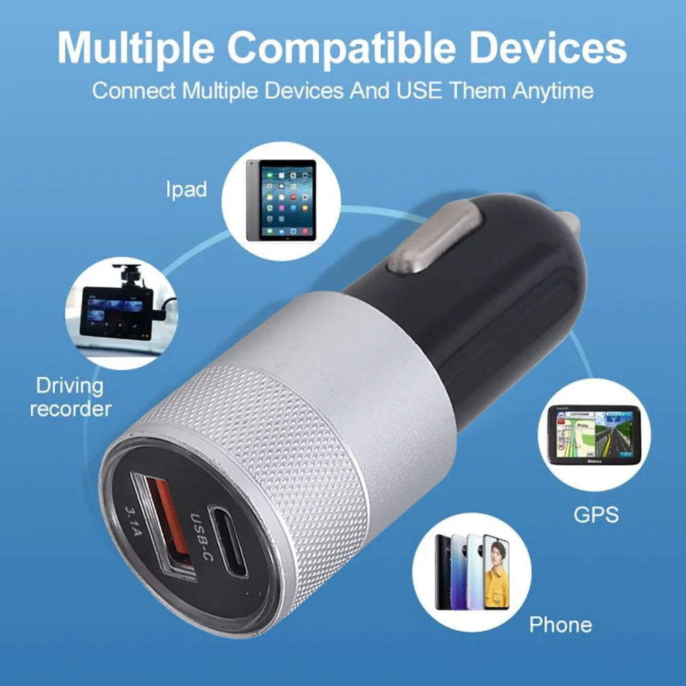 

Car Charger Adapter Dual 15W 3.1A USB Ports Fast Charging With Type-C Overheating Protection Cigarette Socket Lighter Adapter