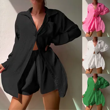 Europe Stylish Linen Cotton Casual Women Two Piece Shorts Sets Summer High Waist Green Shirt Suit Fashion Sets 2 Pieces 2023 New 1