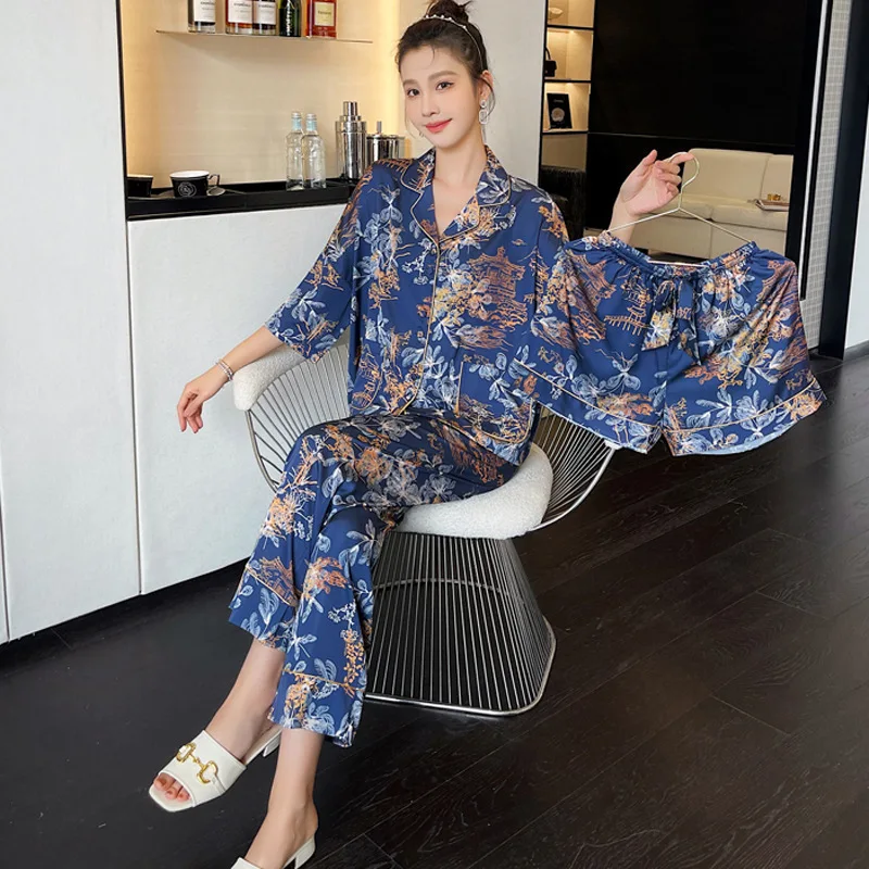 Pajamas Women's Summer New Ice Silk Short Sleeve Polo Collar Print Three Piece Set Fashion Large Homewear