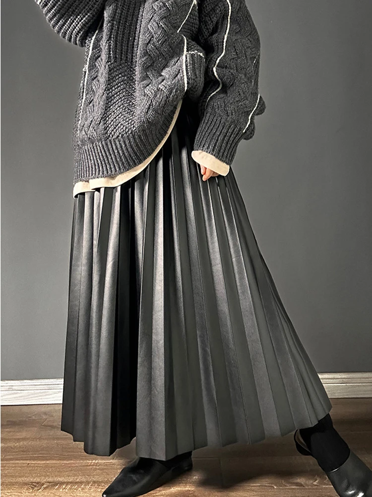 Women's PU Leather Skirt Pleated Skirt Autumn Winter Black High Waist Midi  Length A-Line Organ Skirt