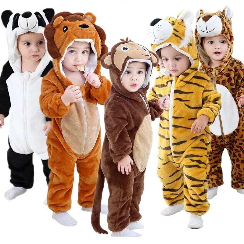 

Autumn Winter Newborn Animal Jumpsuits Cartoon Baby Rompers Halloween Costume Girls Boys Flannel Pajamas Hooded Clothes Overalls
