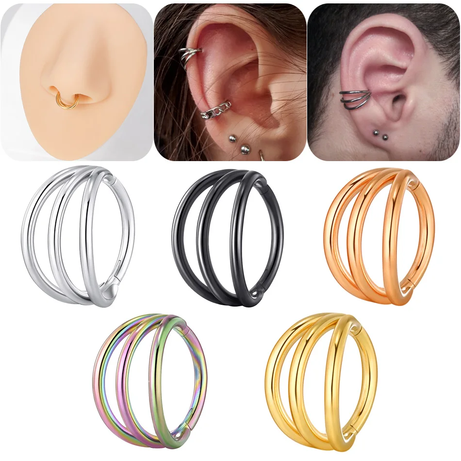 

1PC 16G Surgical Steel Nose Hoop Rings Septum Clicker Three Layers Tragus Cartilage Daith Helix Earring Nostril Piercing Jewelry