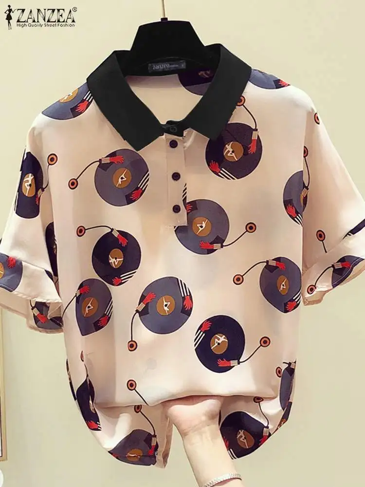 Женская блузка с оборками ZANZEA летняя рубашка принтом винтажная отложным