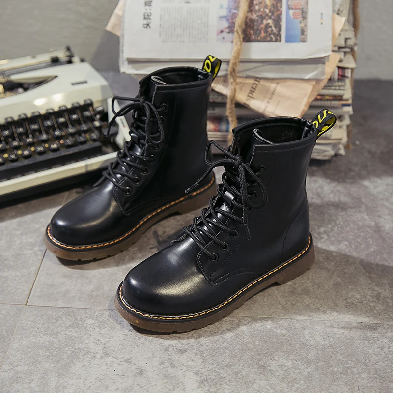 

2022 NEW Motorcycle Women's Boots Winter Soft Leather Shoes Black Botas Wedges Female Lace Up Platforms Women Black Botas Mujer