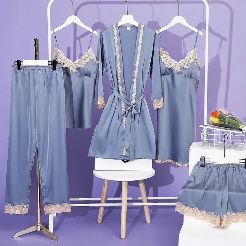 5 Piece Women's Pajama Set Lace Sexy Pajamas Nightdress Ladies Ice Silk Soft Comfort Set Spring Summer Homewear