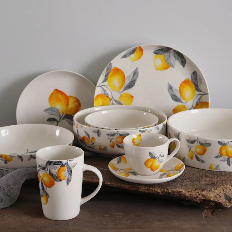European-Style Household Lemon Series Ceramic Disk Set Western Cuisine Plate Dish Salad Bowl Soup Bowl Noodle Bowl Oatmeal Bowl