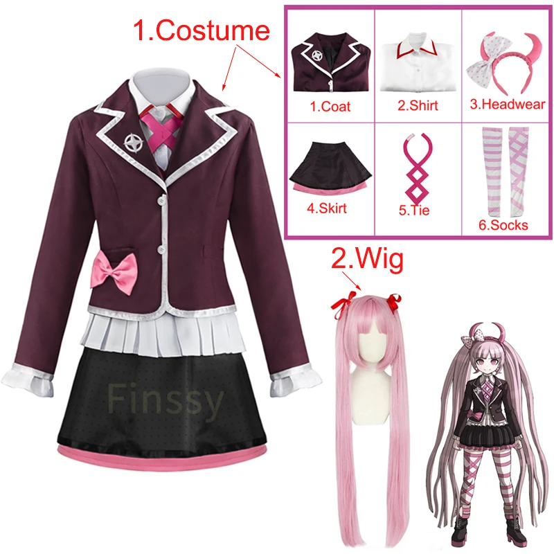 Danganronpa Utsugi Kotoko Cosplay Costume Anime Cosplay Pink Wig Clothing Including Socks Shirt Tie Demon Headdress