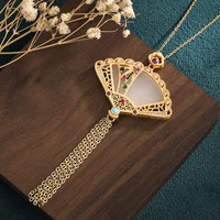 2022 new china style cheongsam jewelry necklaces gold fan inlaid colorful zircon hetian jade tassel chain necklaces for women