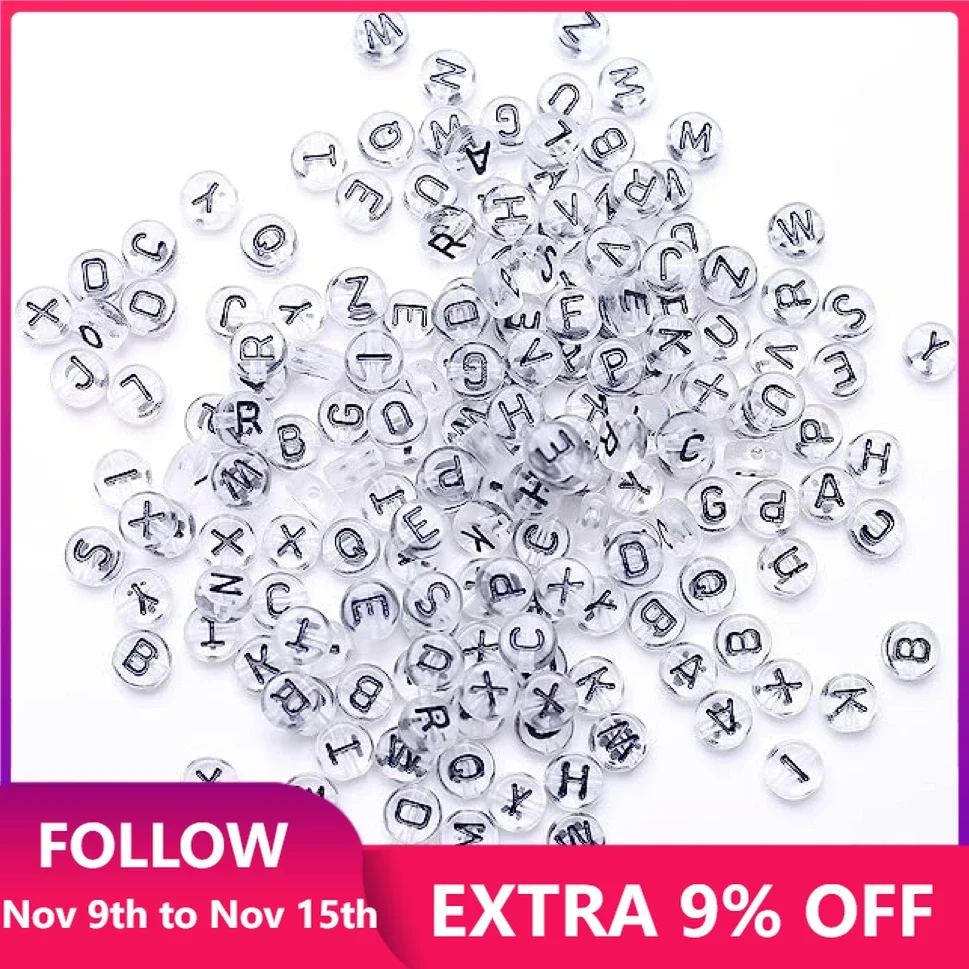 

50pcs 7mm Transparent Black Color Alphabet Letter Beads Flat Round Acrylic Spacer Beads For Jewelry Making Diy Bracelets Crafts