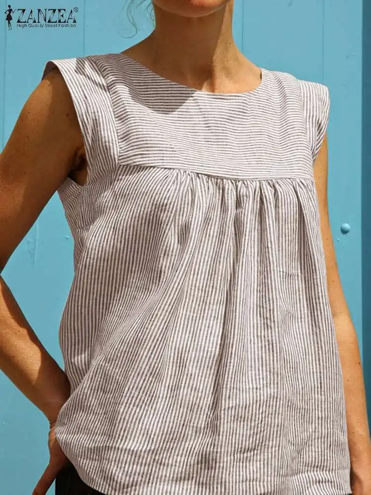 

ZANZEA Casual Sleeveless Blouse Woman Stripe Printed Tank Tops Summer Holiday Party Beach Shirt Female Elegant Blusas Oversized