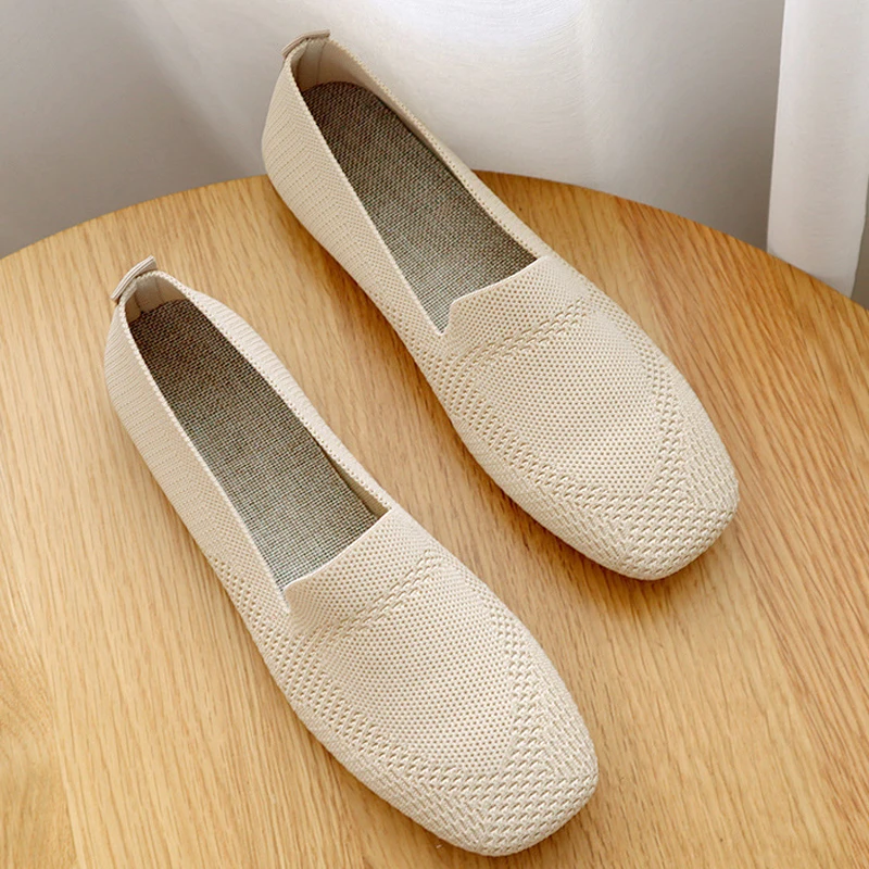 2022Spring New Mesh Ballet Flats Women's Square Toe Daily Loafers Breathable Flats Comfortable Stretch Cloth Sneakers Boat Shoes