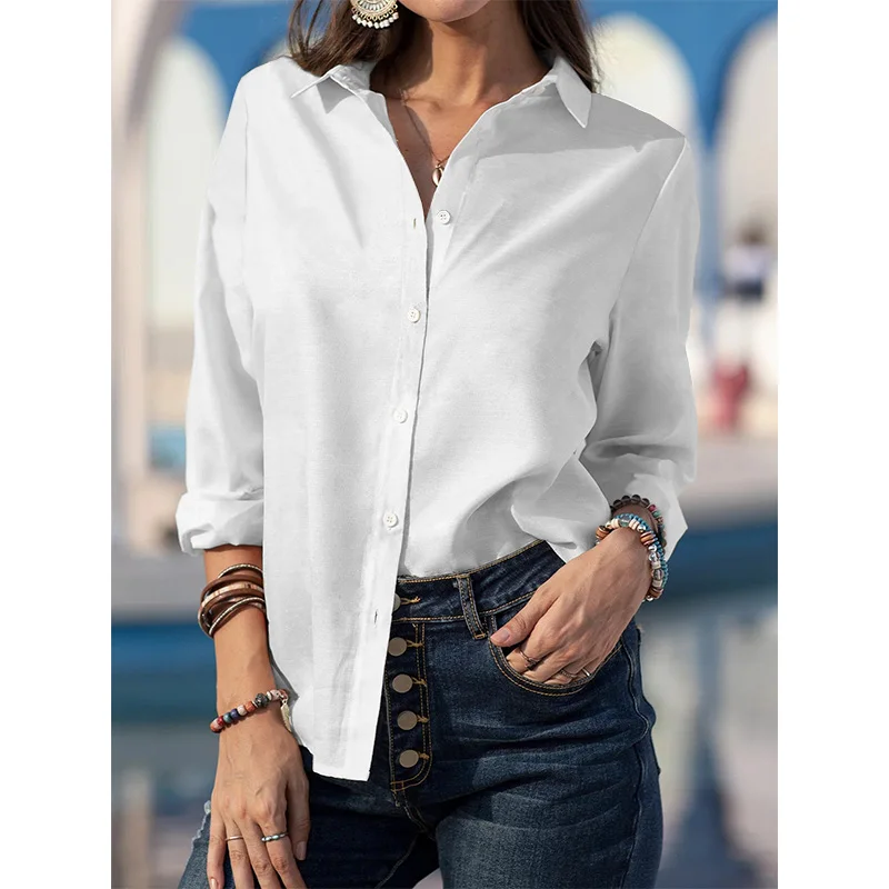 

Women's Blouses Fashion solid color Turn-down Collar Cardigan 2021 Autumn Female Clothing New plus size Button Office Lady Shirt
