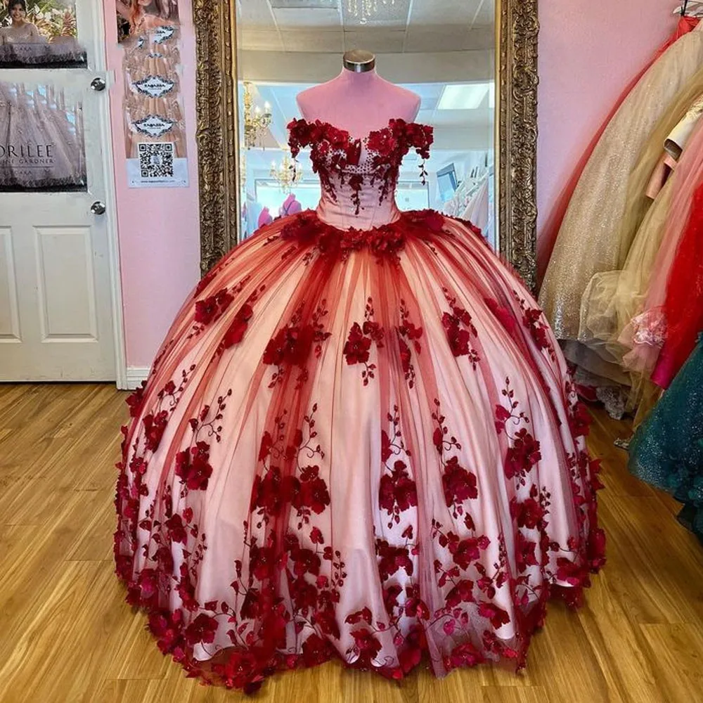 

Burgundy Charro Quinceanera Dresses Ball Gown Off The Shoulder Tulle Floral Pearls Puffy Mexican Sweet 16 Dresses 15 Anos