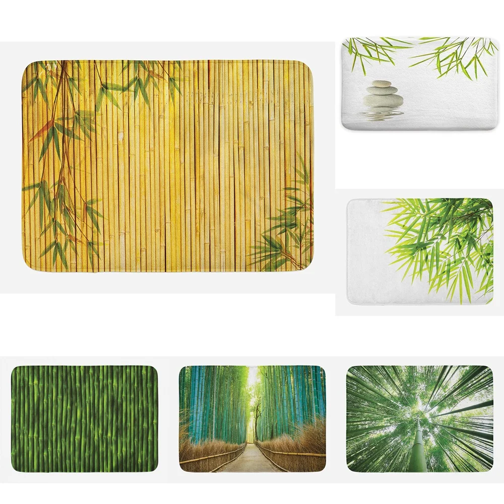 

Green Bamboo Bath Mats Plant Leaves Forest Comfort Floor Rugs Non-Slip Zen Stone Bathroom Decor Doormat Kitchen Room Carpet Home