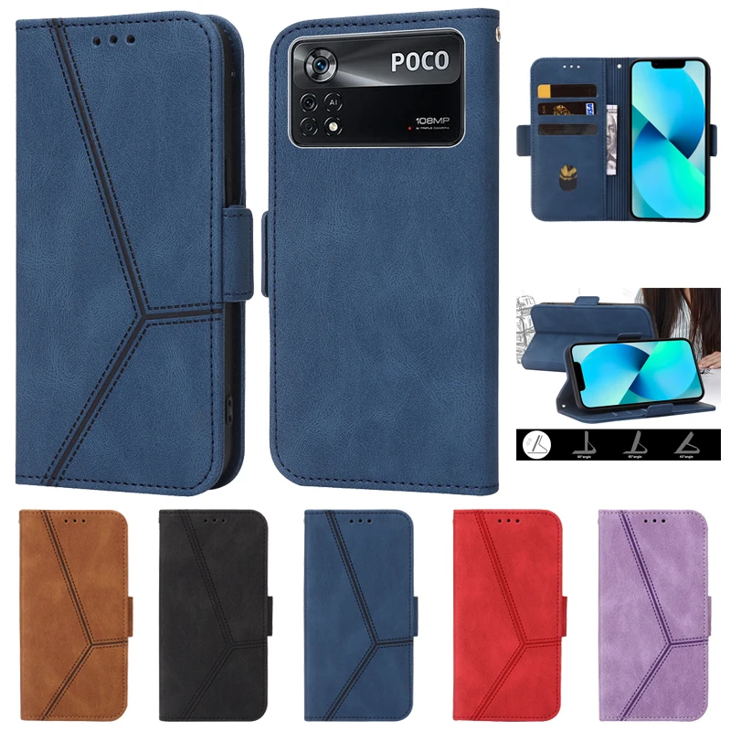 

Чехол для Xiaomi Poco X4 Pro, модный кожаный флип-чехол с геометрической линией для POCO X4 Pro, чехол для телефона с искусственной кожей PocoX4 X 4X4 Pro