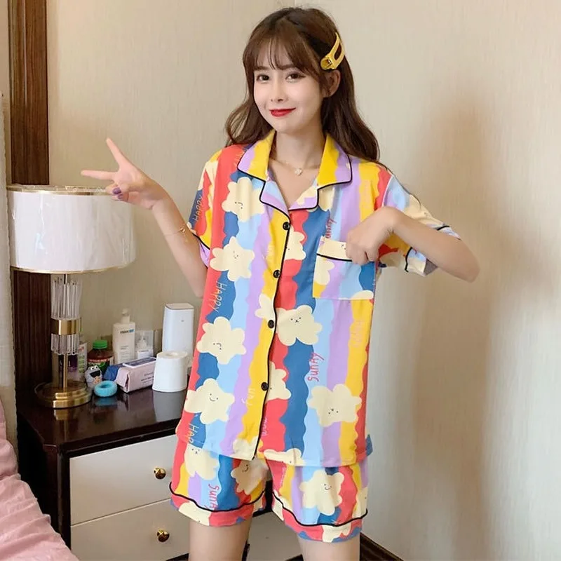 Cute Print Women Pajamas Sets Summer Short Sleeve Cartoon Sleepwear Pink Pijama Mujer Female Nightsuit Cat Moon