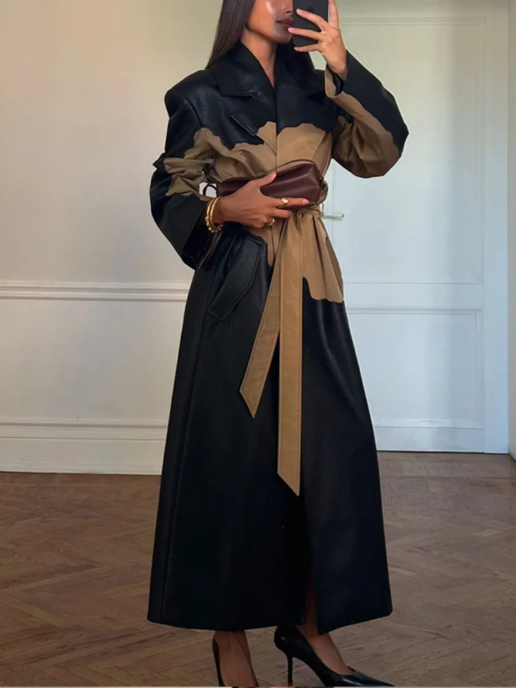 Женский длинный жакет из искусственной кожи элегантный контрастный утепленный