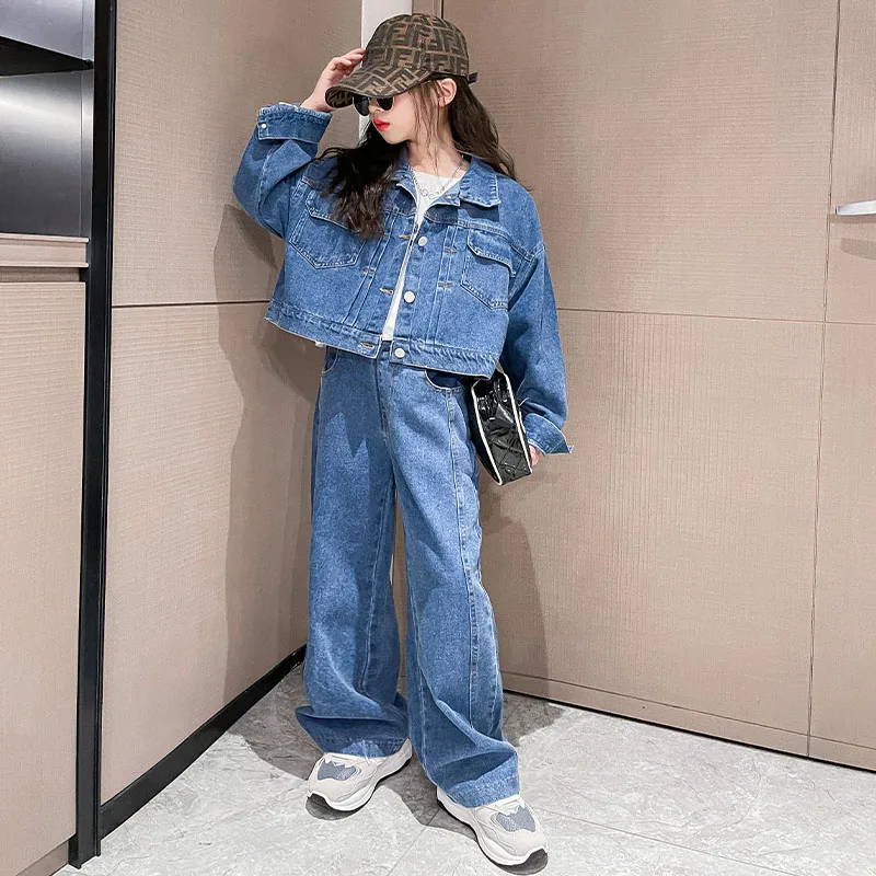 

Джинсовый комплект для девочек-подростков; Джинсовая куртка с открытыми плечами и джинсы с широкими штанинами комплект из двух предметов уличная одежда; Комплект школьной одежды для детей