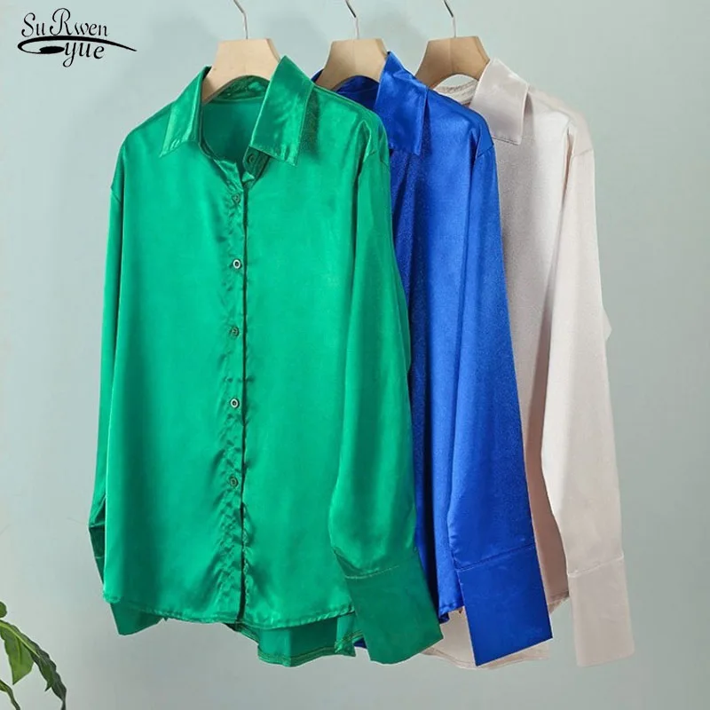 

2022 Vintage Blue Green Silk Shirt Women Casual Loose Button Up Female Shirts Tops Elegant Satin Long Sleeve Blouses Women 21066