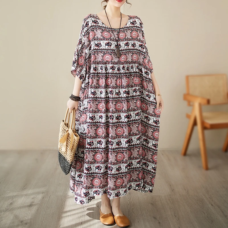

Женское свободное платье до щиколотки, Повседневное платье из хлопка и льна с винтажным принтом и коротким рукавом, модель V379 на лето, 2023