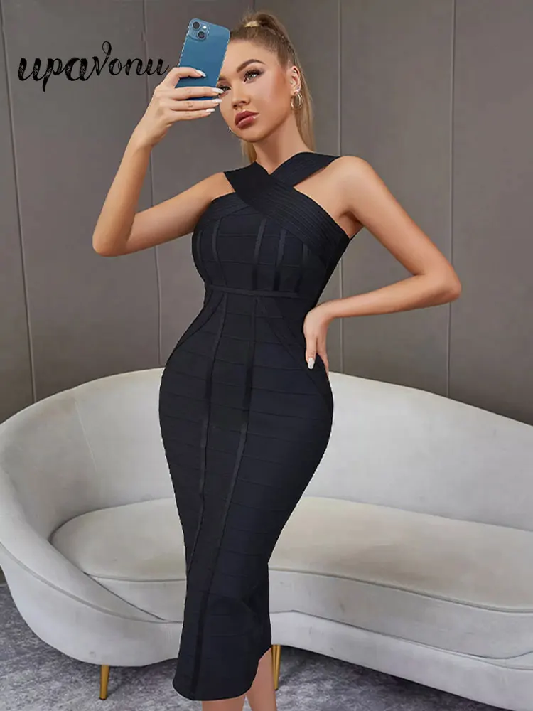 

Sexy Black Bandage Dresses Women's 2022 Summer Watch Band Sleeveless Bodycon Backless Midi Dress Celebrity Evening Party Vesidos