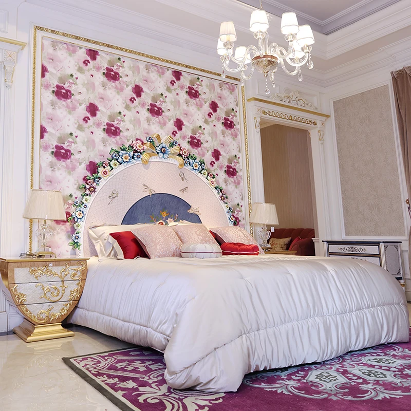 

French luxury wedding bed mahogany heavy hand-painted carved shell mosaic bedroom princess bed