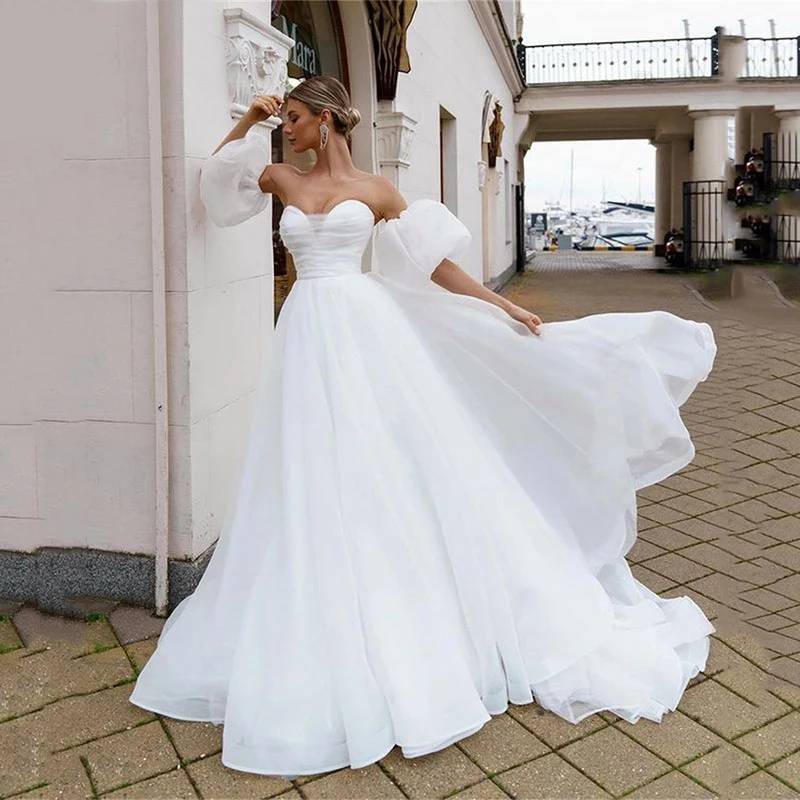 

Boho Wedding Dress 2022 Sweetheart Tulle Lace Appliques Bridal Organza Floor Sweep Train Beach Zipper Robe De Mariee Customize