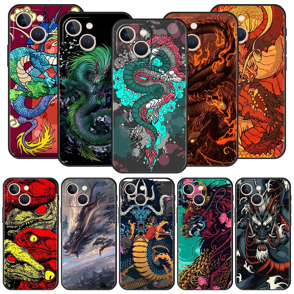 

Dragon Tiger Pattern Luxury Phone Case For iPhone 13 14 Mini 12 11 Pro MAX XR X SE XS 7 8 Plus Silicone Black Cover Shell Funda