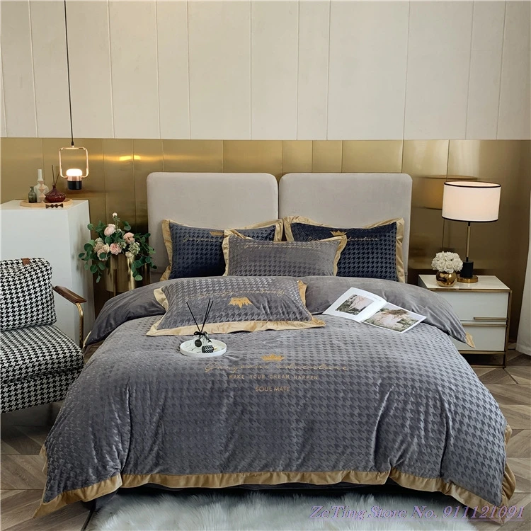 

Winter plus velvet flannel Bedding set double-sided thickened baby velvet Bedsheet 1.8mBed Warm duvet cover Gray Pink QuiltCover