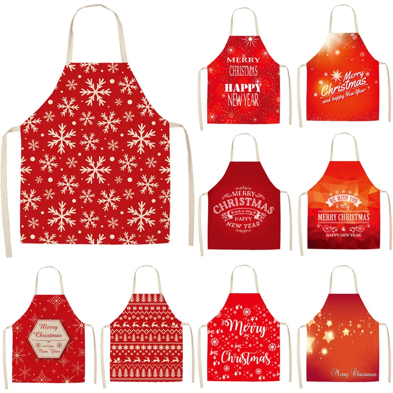 

Christmas Decoration Santa Red Sleeveless cafe Apron Linen Kitchen Aprons Women Home Cooking Baking Waist Bib Pinafore Fartuchy