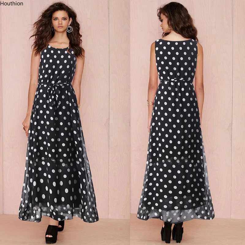 

Movafag New Sleeveless Women Dresses Fashion Long Summer Chiffon Polka Dot Printing Comfortable