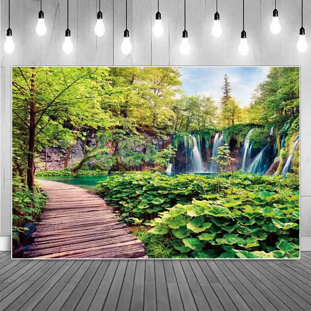

Wild Park Waterfall Photography Backdrop Forest Wooden Board Bridge Road Stream Children Holiday Decoration Photocall Background