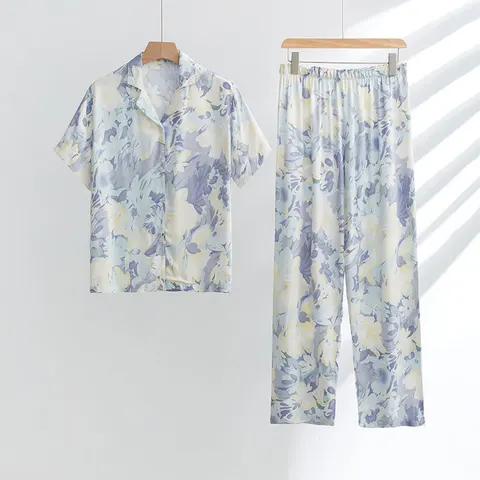 Женские пижамные костюмы из двух предметов на весну и лето, пижамы с длинными рукавами и цветочным принтом, удобные атласные топы из материала с брюками, пижамы