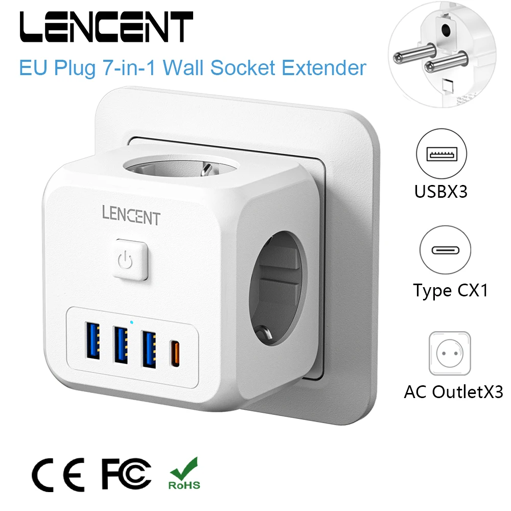 Сетевой фильтр LENCENT с 3 розетками переменного тока + USB-порта для зарядки 1 Type C 5 в а