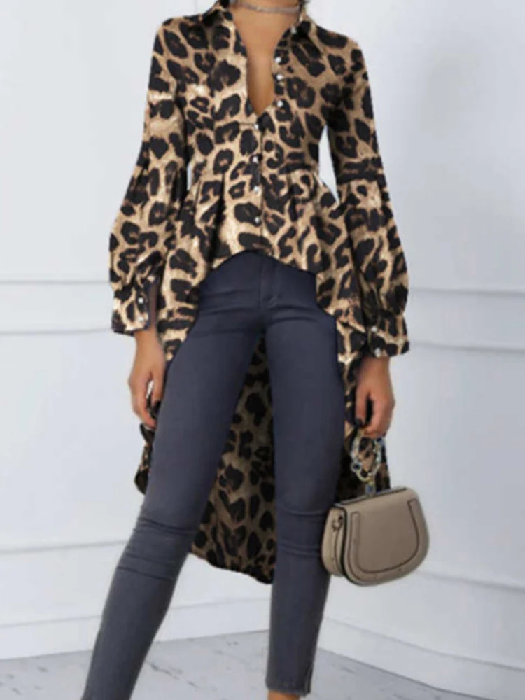 

Retro Leopard Print Irregular Long Shirts Women Elegant V Neck Button Office Blouses 2022 Spring Autumn Long Sleeve Top Pullover